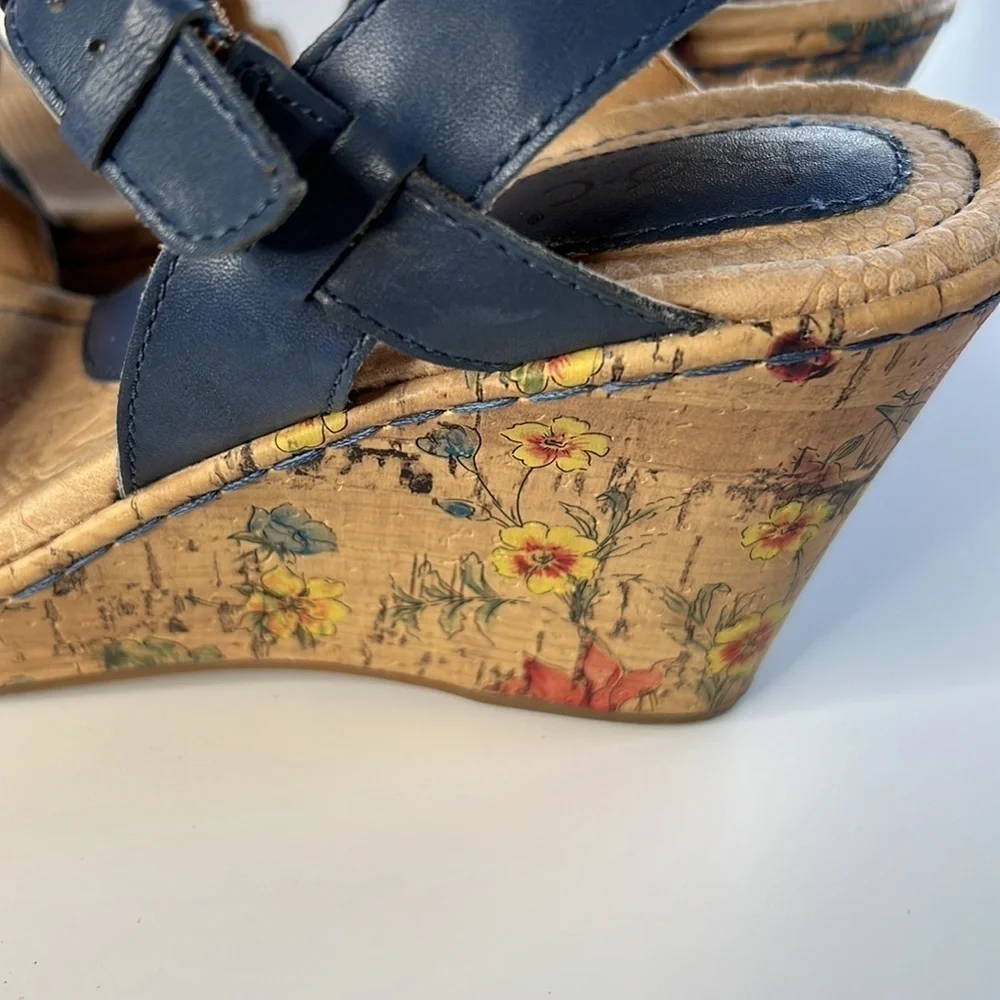 Born BOC Blue Leather Braided Strap Cork Floral Wedge Sandals Size 9